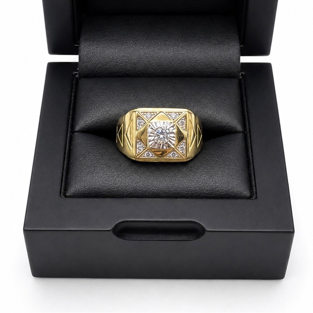 Men's Gold over 925 Sterling Silver Signet Ring with Center Stone CZ Size 9.5
